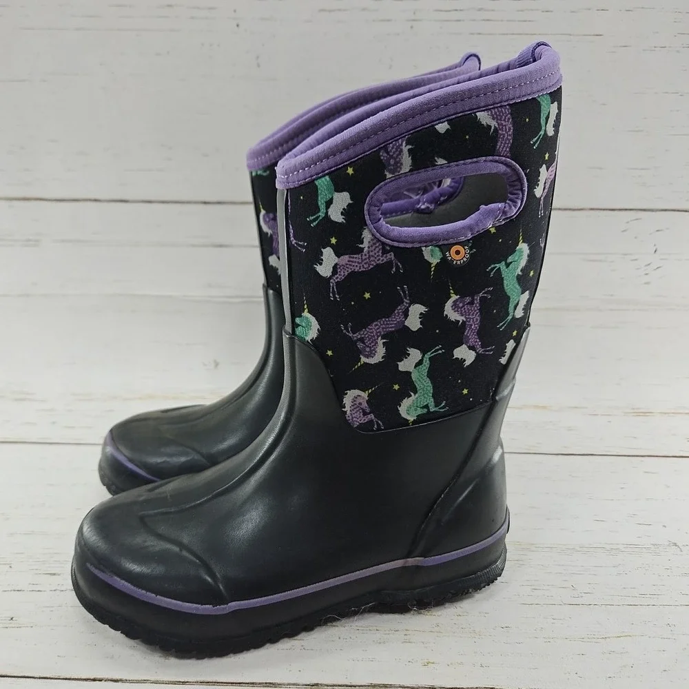 Bogs Girls Size 2 Black‎ Purple Unicorn Insulated Waterproof Winter Boots 72329